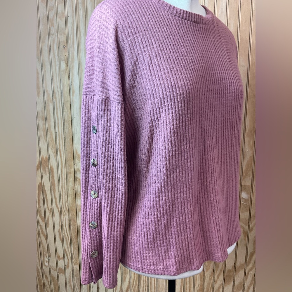 Waffle Knit Top with Button Sleeve Detail